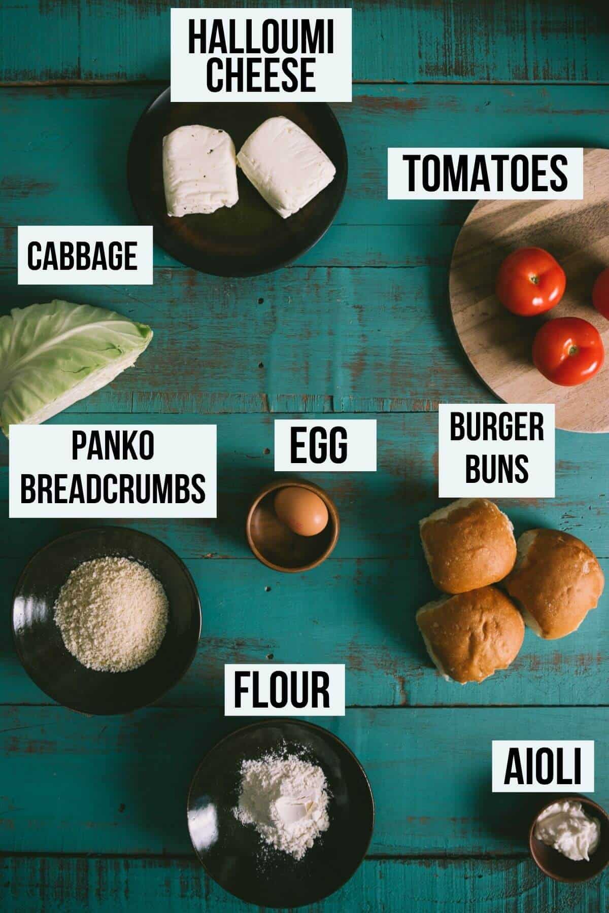 a gren table with the ingredients required to make halloumi burgers.