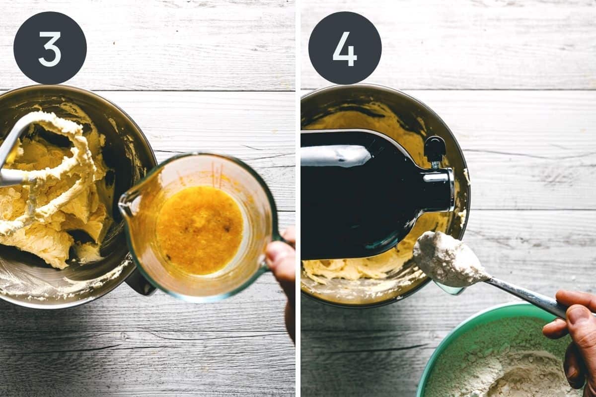 a collage of 2 images showing orange juice and flour being poured into the bowl of a stand mixer.