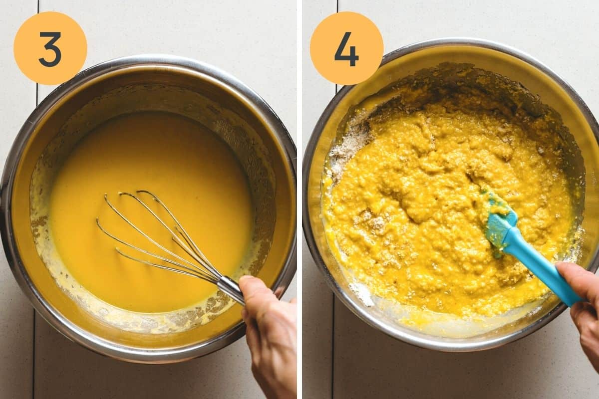 steps 3 and 4 of making coconut mango bundt cake - whisking wet ingredients together, and adding wet ingredients to dry.