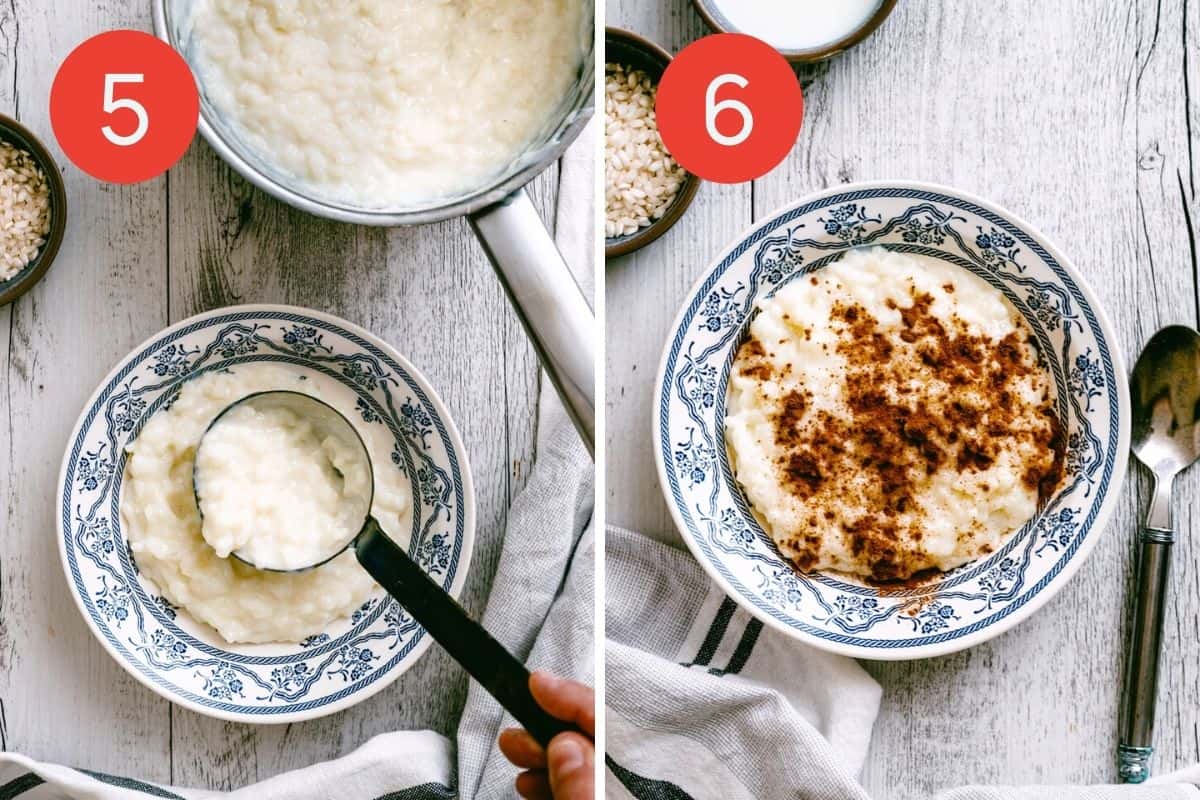 a collage of 2 images showing how to serve rice pudding topped with ground cinnamon.