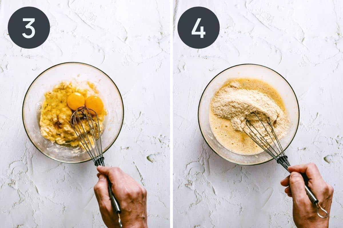 2 panel photo - whisking bananas and eggs on the left; mixing almond flour with the pancake batter on the right.