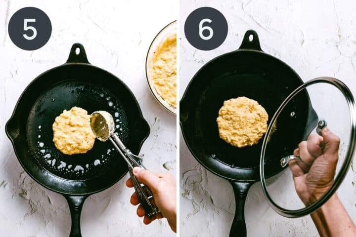2 panel photo - scooping pancake batter into a cast iron skillet on the left; covering pan with lid on the right.