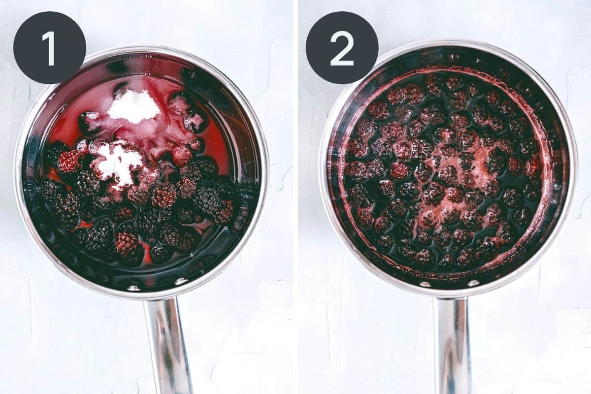 2 image collage of blackberries in a pot ready to be made into jam.