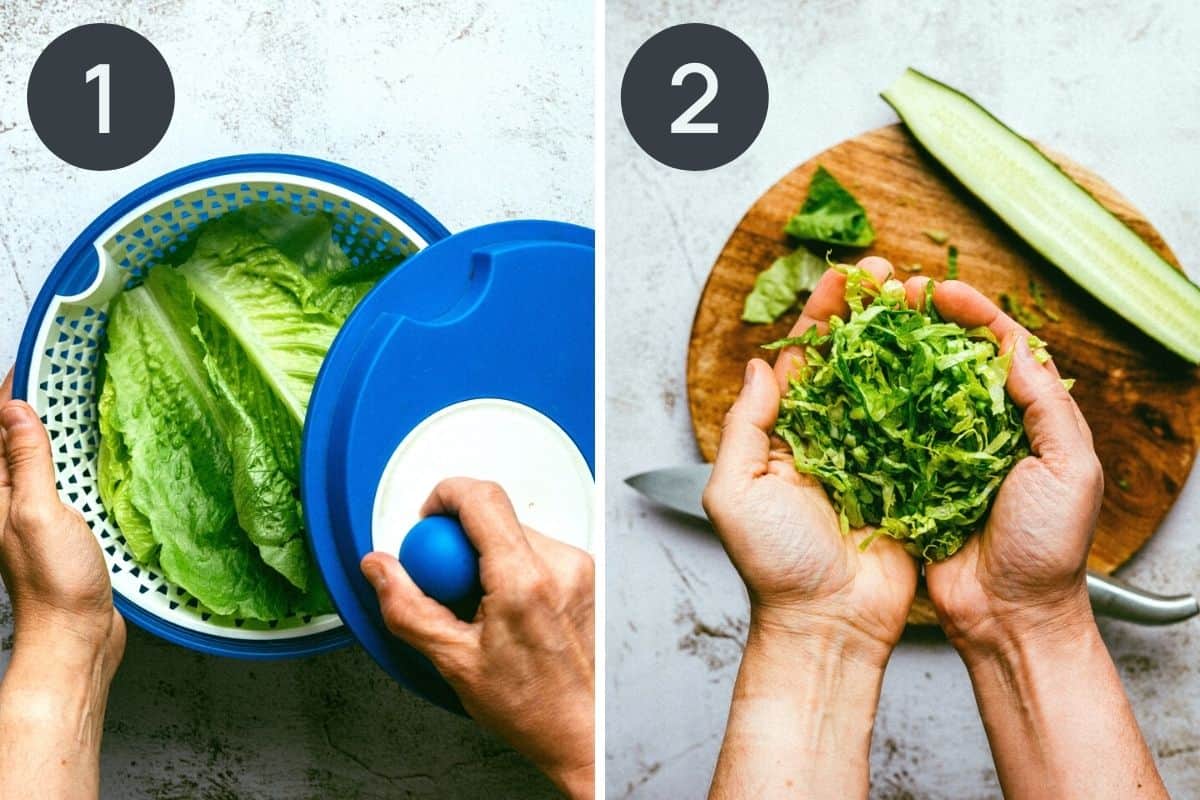 steps 1-2 showing how to dry lettuce leaves and chop them finely.