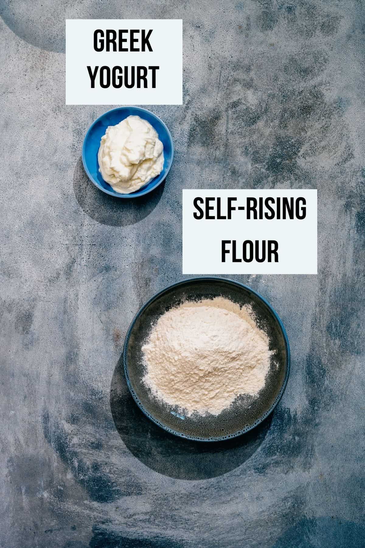 a grey table with the ingredients required to make Greek yogurt flatbread.