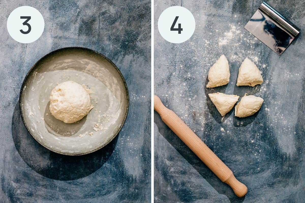 a collage of 2 images showing a ball of dough and cur up pieces of dough.