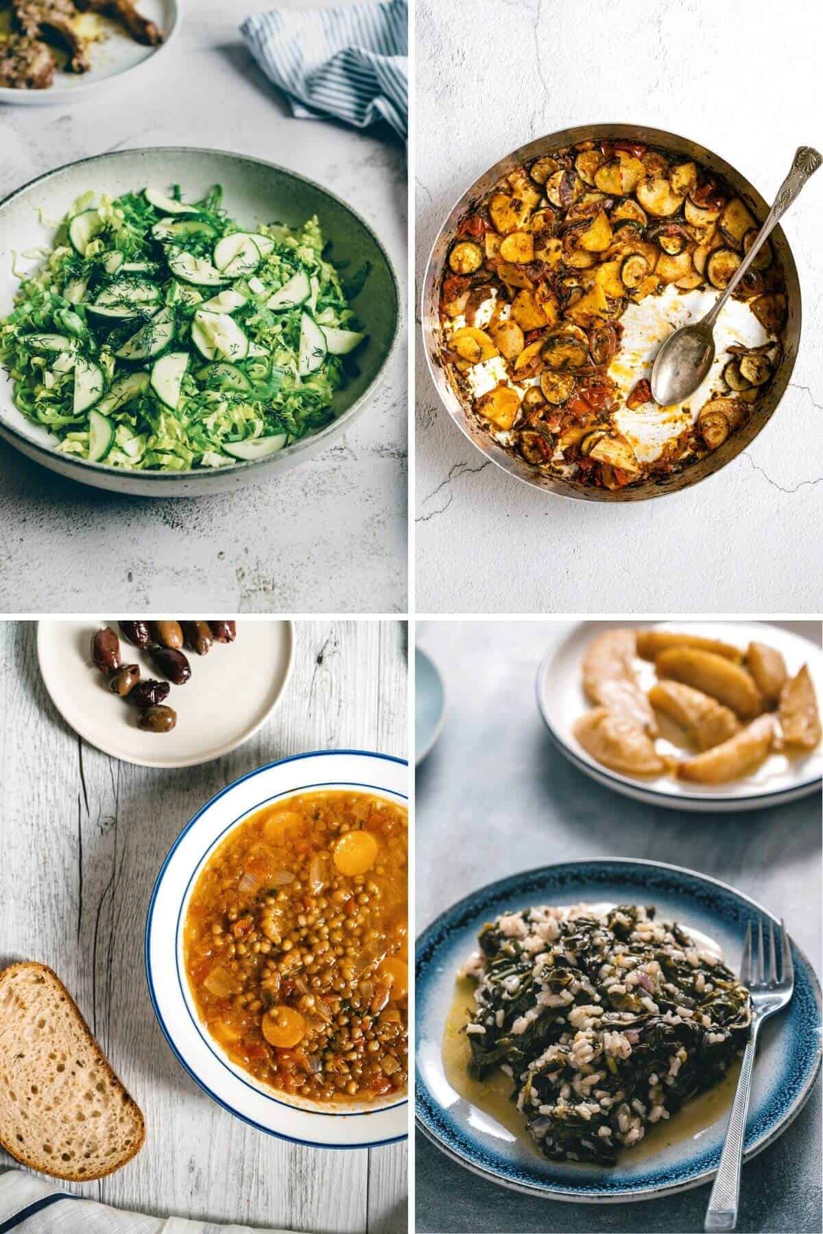 a 4 picture collage showing vegan Greek recipes.