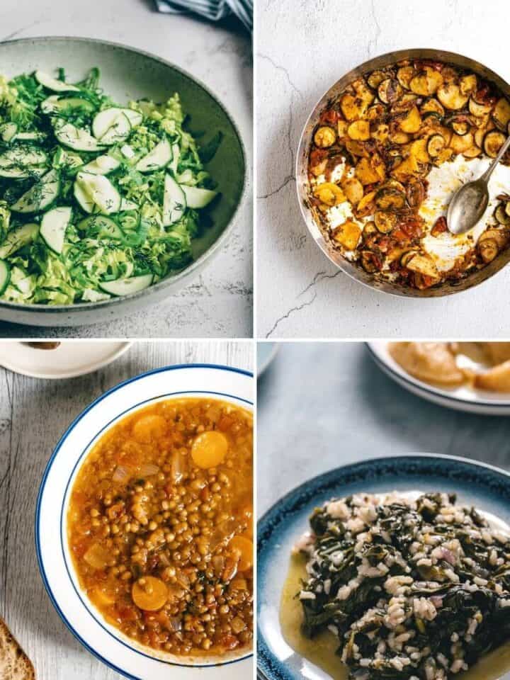 a 4 image collage displaying vegan Greek recipes.
