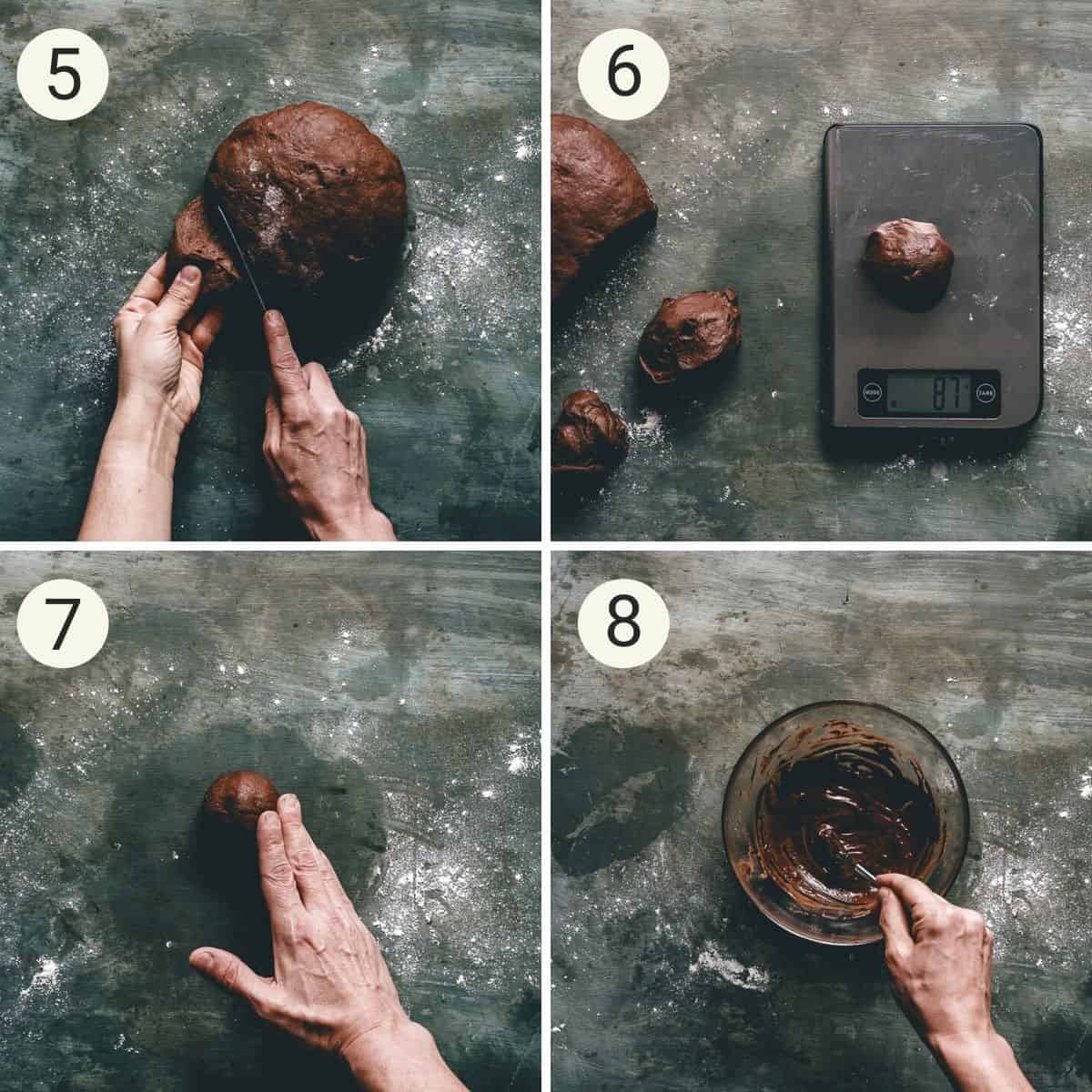 a 4 panel photograph showing how to prepare chocolate hot cross buns.
