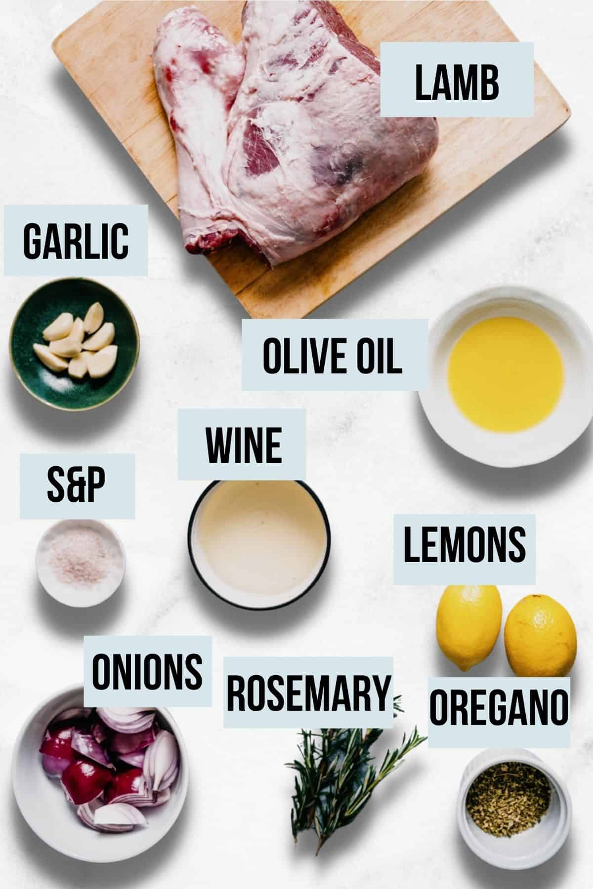 ingredients on a white table to make greek slow roasted lamb.