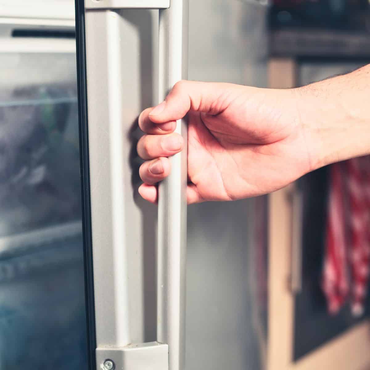 a hand opening a freezer door.