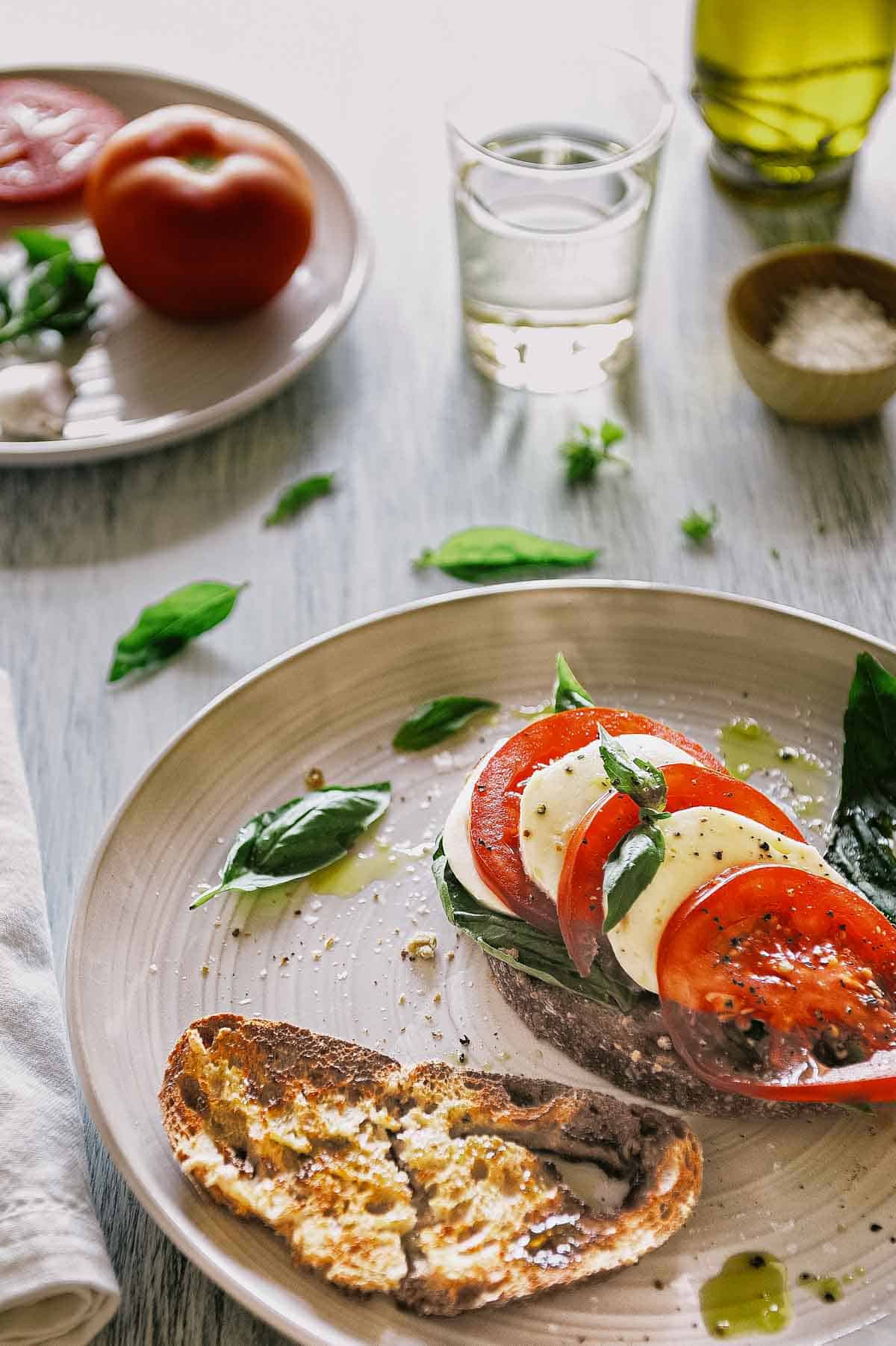 plated caprese bruschetta ready to serve.