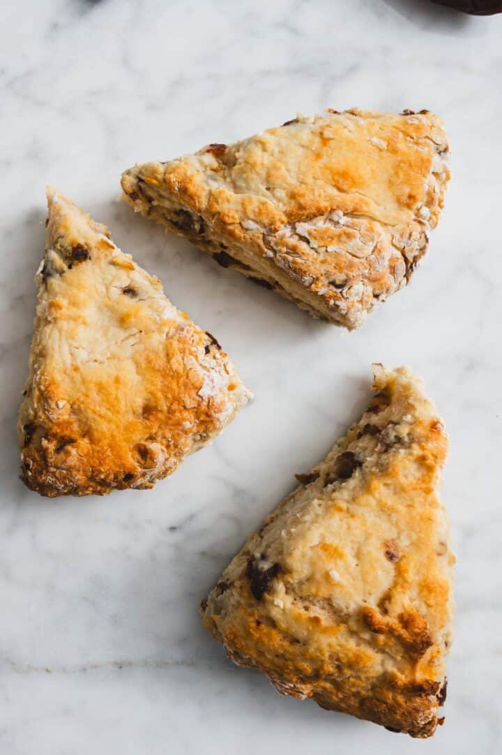 close up of baked date scone showing texture and crumb.