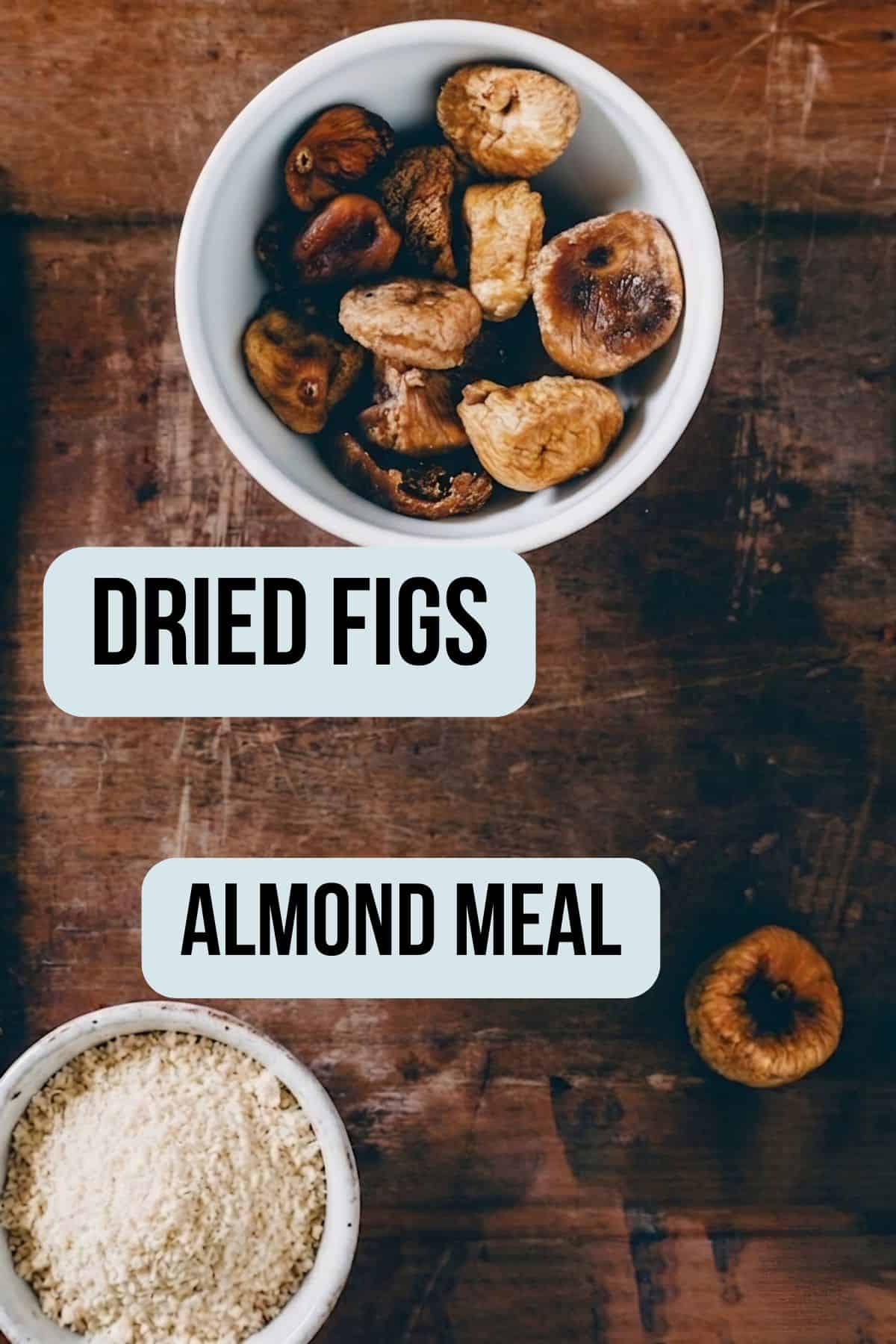 Dried figs and almond meal ingredients for cake.
