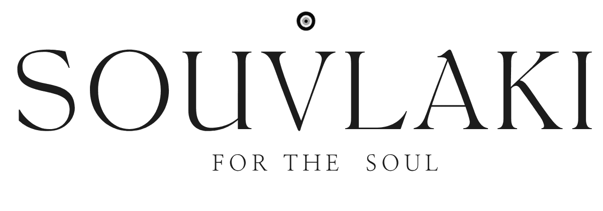 Black serif text reads SOUVLAKI in large letters, with a small circular symbol above the V. Below, smaller text says FOR THE SOUL. The background is light grey.